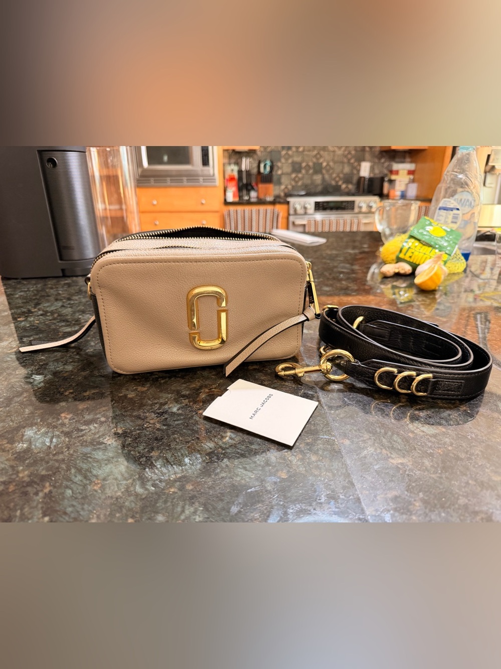 Marc Jacobs soft shot. Taupe Leather Crossbody Camera Bag with Gold Hardware